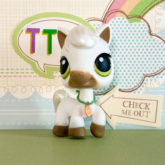 Vintage Authentic Littlest Pet Shop Horse 338 Race About Ranch White Green