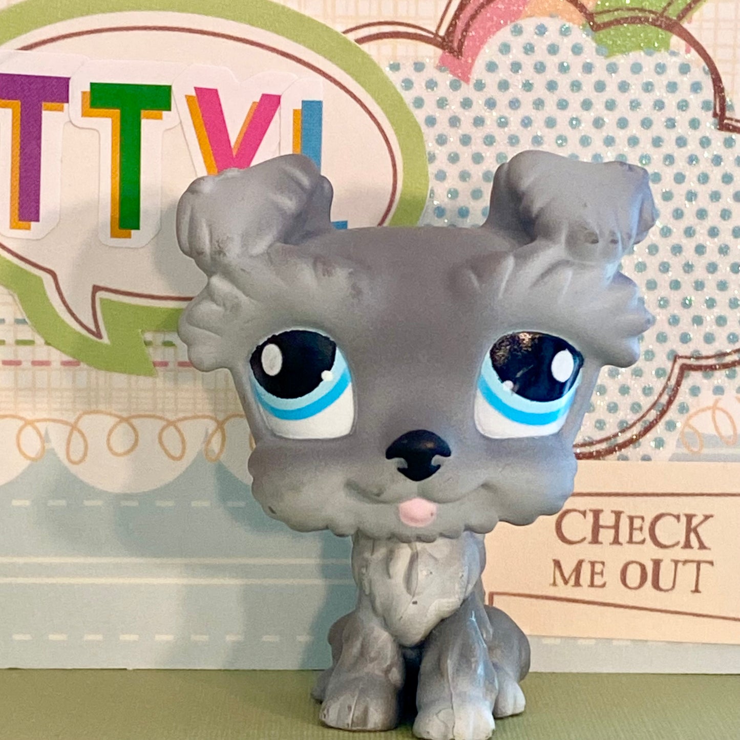 Vintage Authentic Littlest Pet Shop LPS Schnauzer Dog 1393 Grey Blue