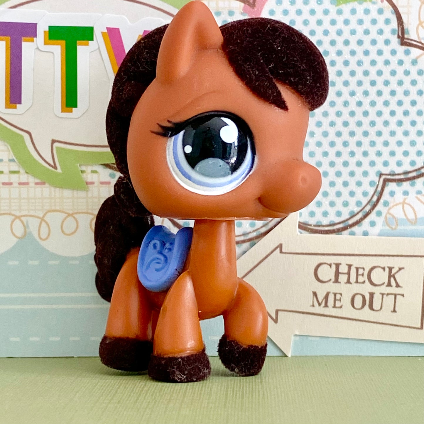 Vintage Authentic Littlest Pet Shop Horse No. Brown Flocked Purple Sportiest