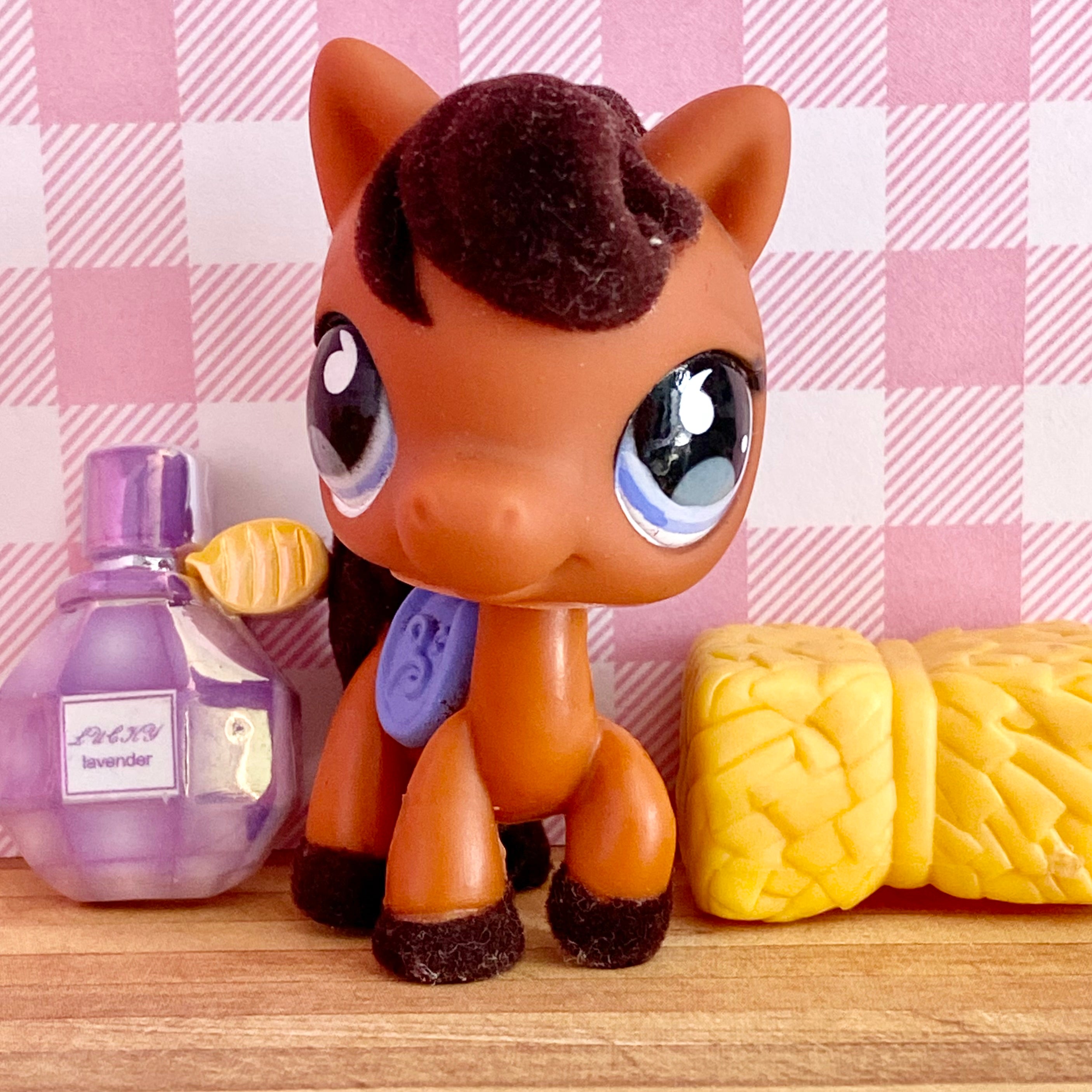 Vintage Authentic Littlest Pet Shop Horse Brown Flocked Purple