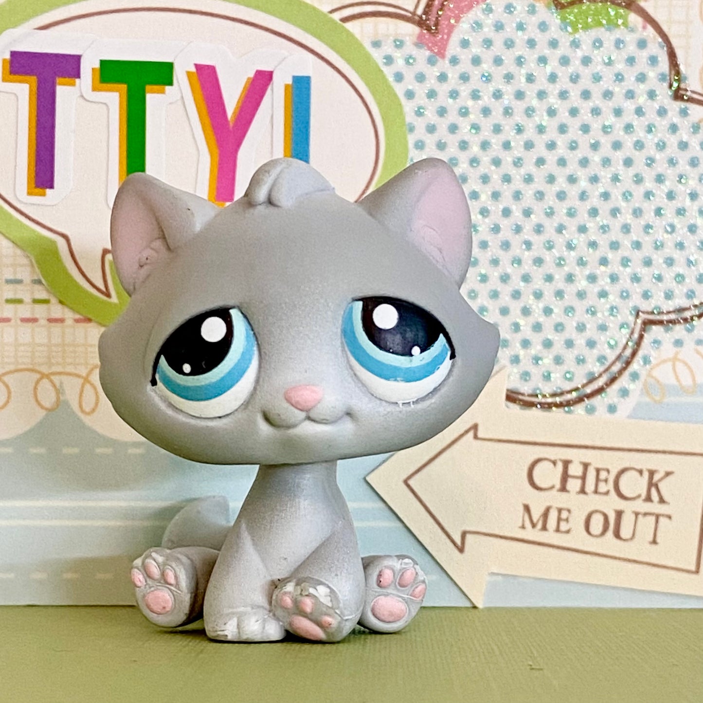 Vintage Authentic Littlest Pet Shop Cat Kitten 310 Grey Blue Pink