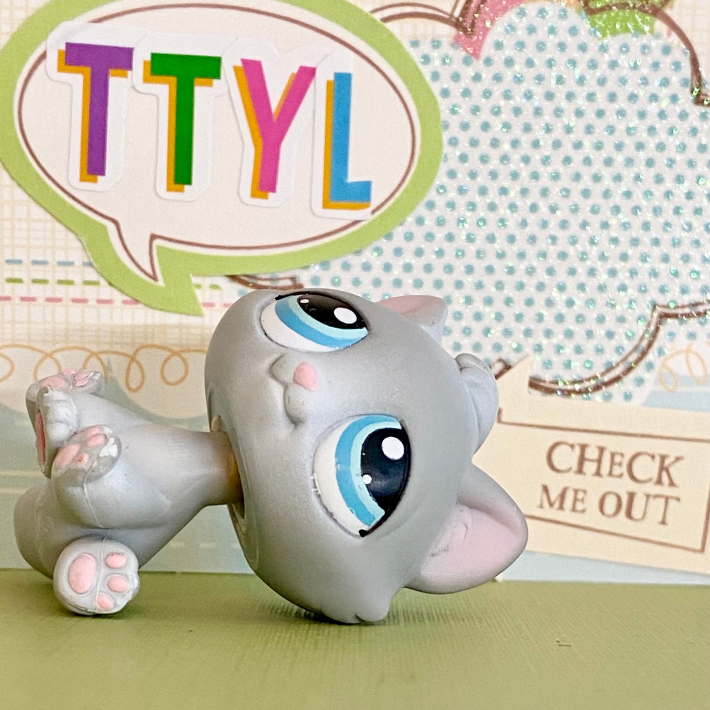 Vintage Authentic Littlest Pet Shop Cat Kitten 310 Grey Blue Pink