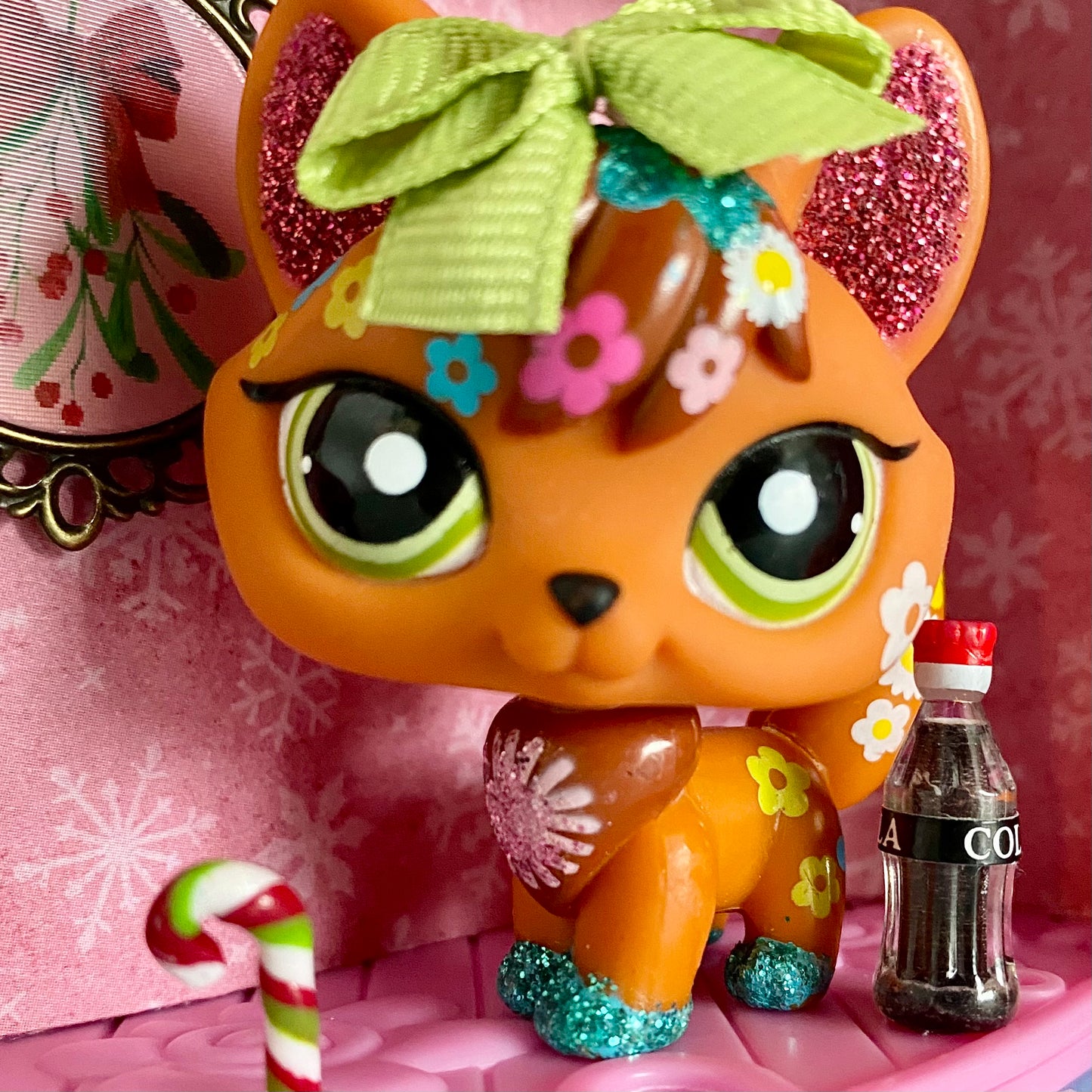 Vintage Authentic Littlest Pet Shop Fox 2341 Shimmer Shine Glitter Flowers Green