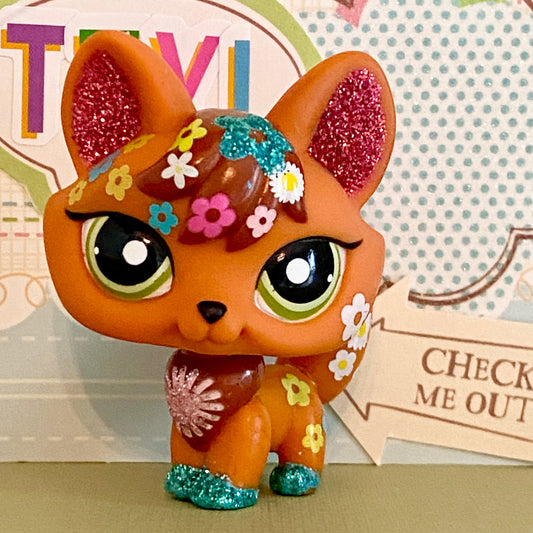 Vintage Authentic Littlest Pet Shop Fox 2341 Shimmer Shine Glitter Flowers Green