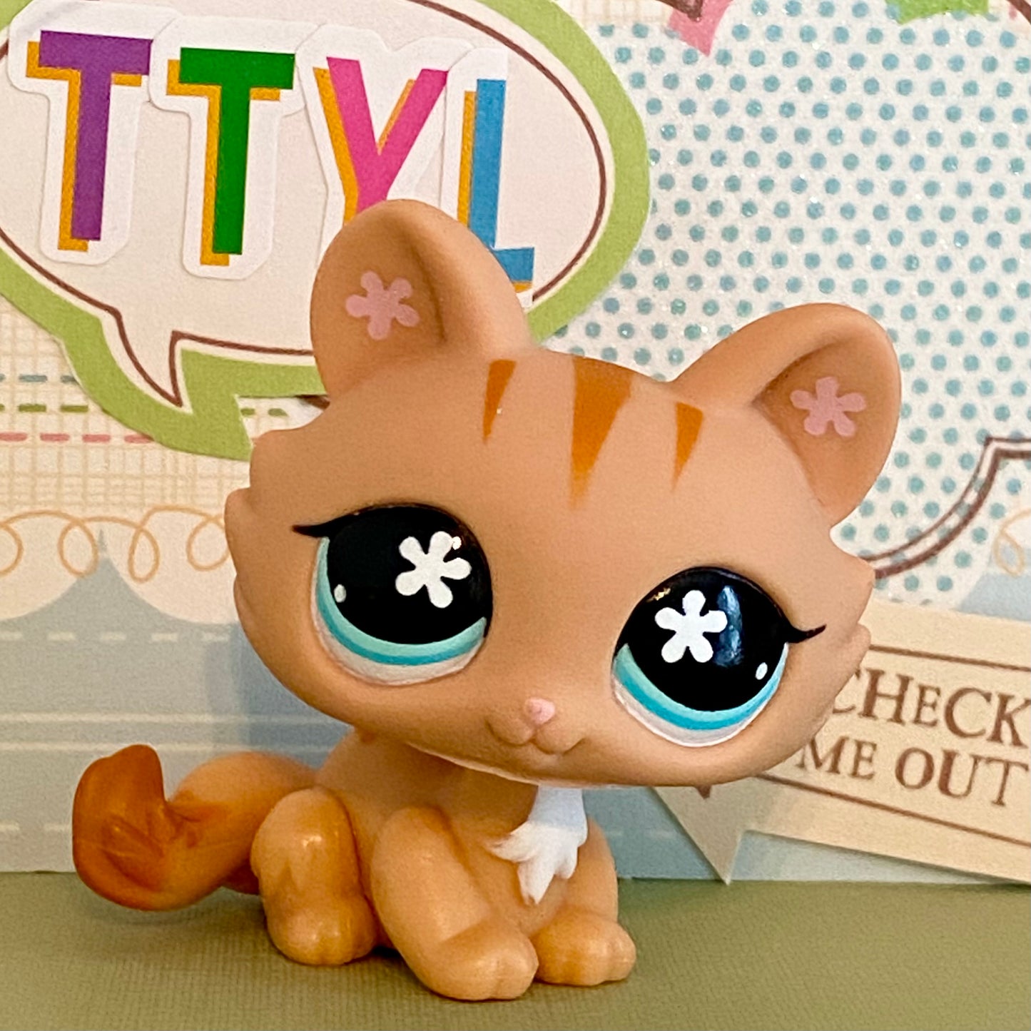Vintage Authentic Littlest Pet Shop Cat Kitten 649 Aqua Pink Flower Christmas
