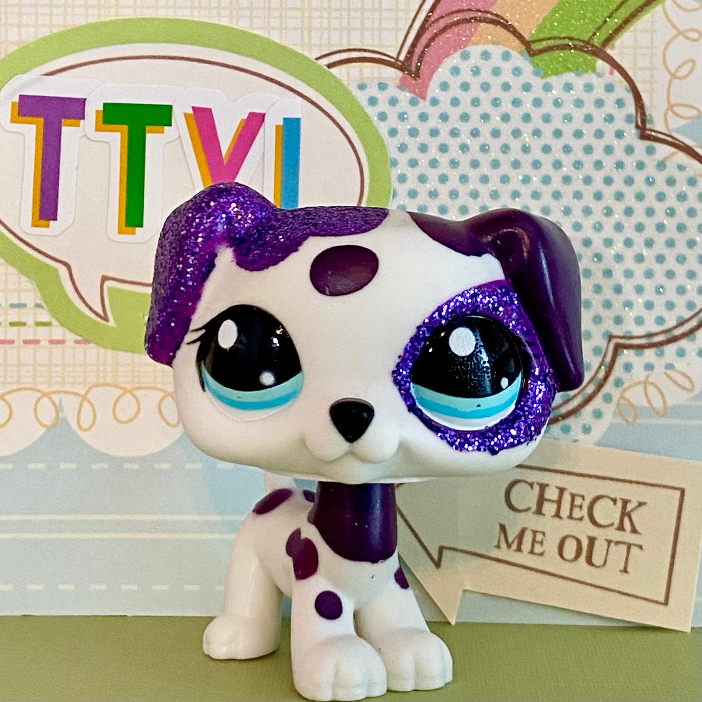 Vintage Authentic Littlest Pet Shop Dog Dalmatian 2136 White Purple Glitter Aqua