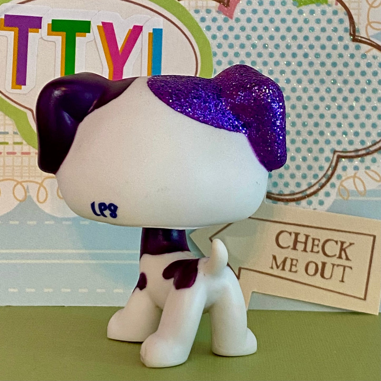 Vintage Authentic Littlest Pet Shop Dog Dalmatian 2136 White Purple Glitter Aqua