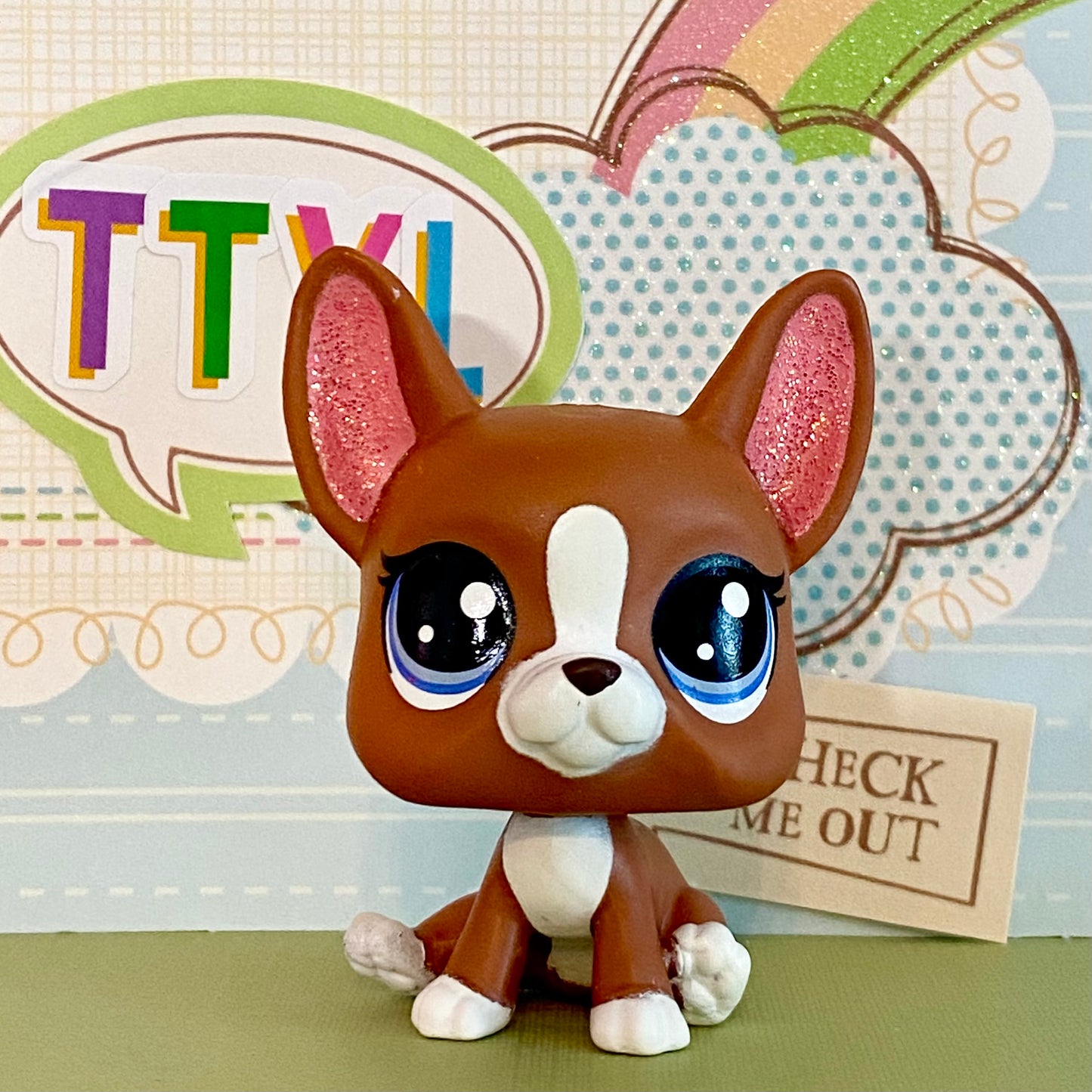 Vintage Authentic Littlest Pet Shop Dog Boston Terrier 2-92 Pink Purple Glitter