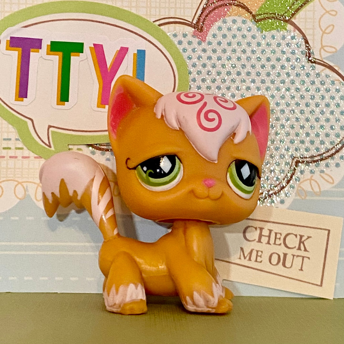 Vintage Authentic Littlest Pet Shop Green Pink Cat 511 Swirl