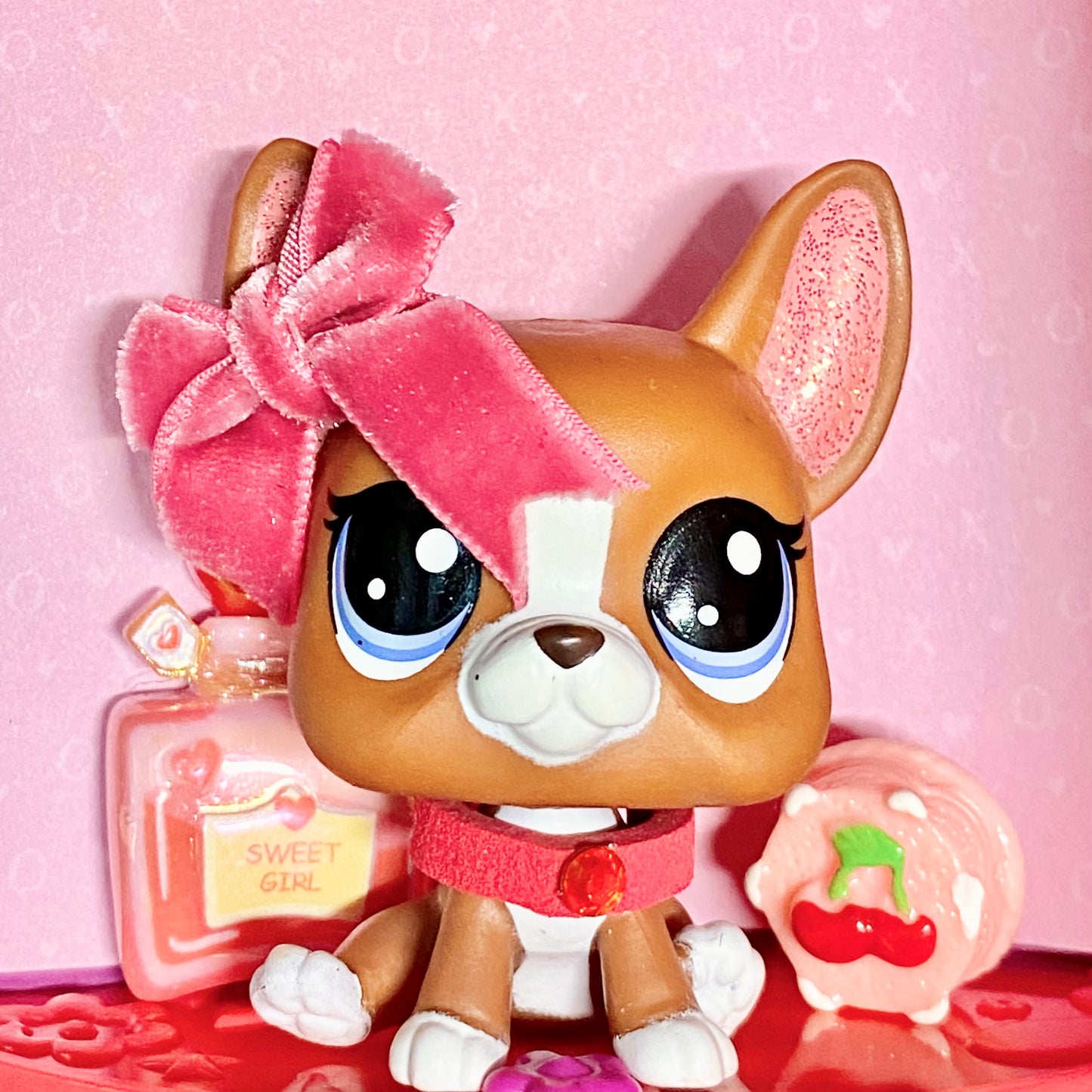 Vintage Authentic Littlest Pet Shop Dog Boston Terrier 2-92 Pink Purple Glitter