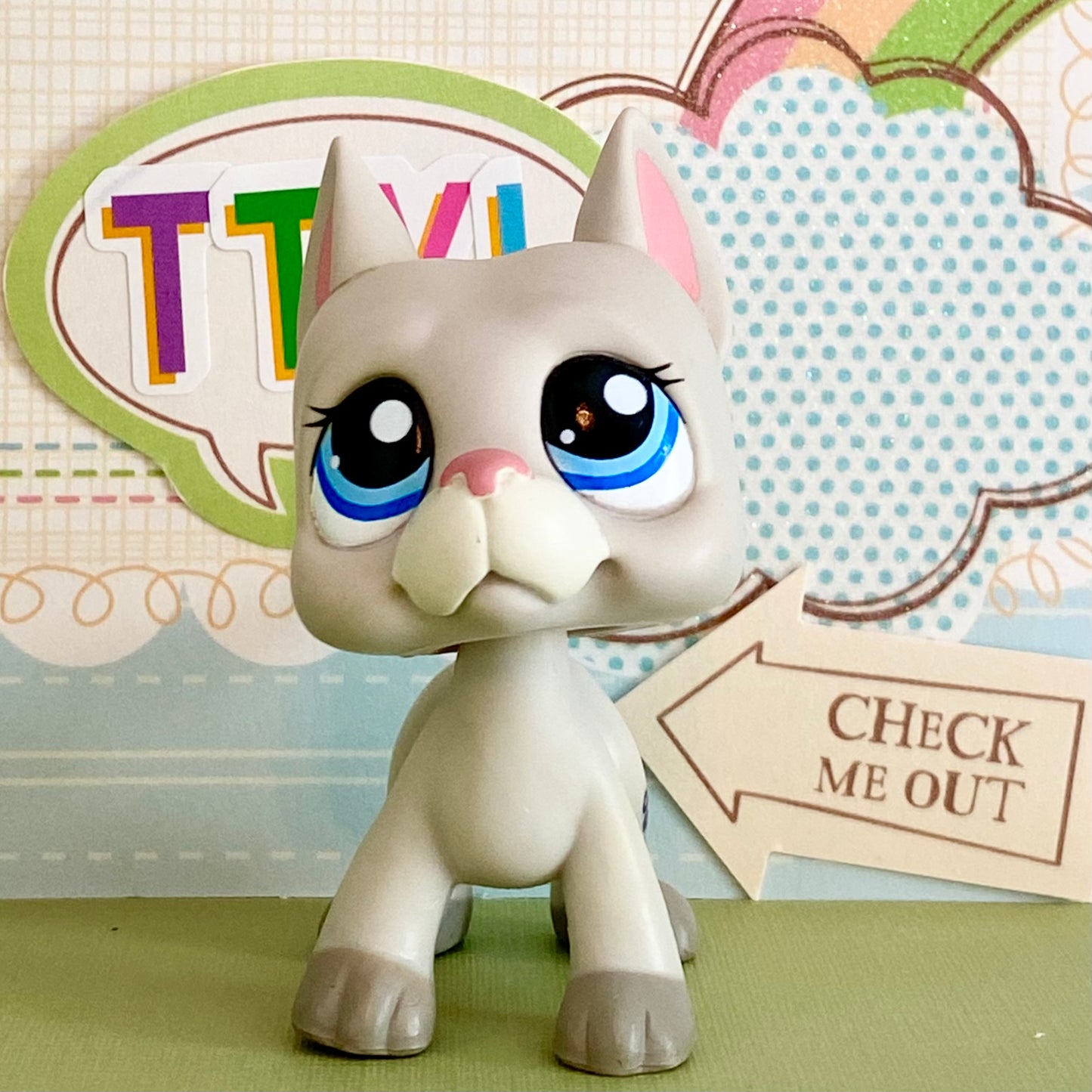 Vintage Authentic Littlest Pet Shop LPS Dog 1688 Great Dane Shopping Mall Grey Blue