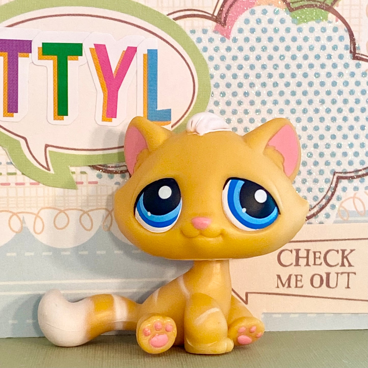 Vintage Authentic Littlest Pet Shop LPS Cat Kitten No. 349 Blue Orange