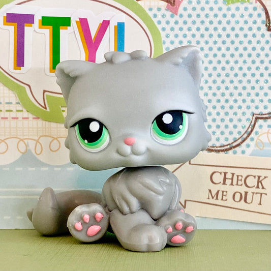 Vintage Authentic Littlest Pet Shop Persian Cat 82 Grey Green Pink